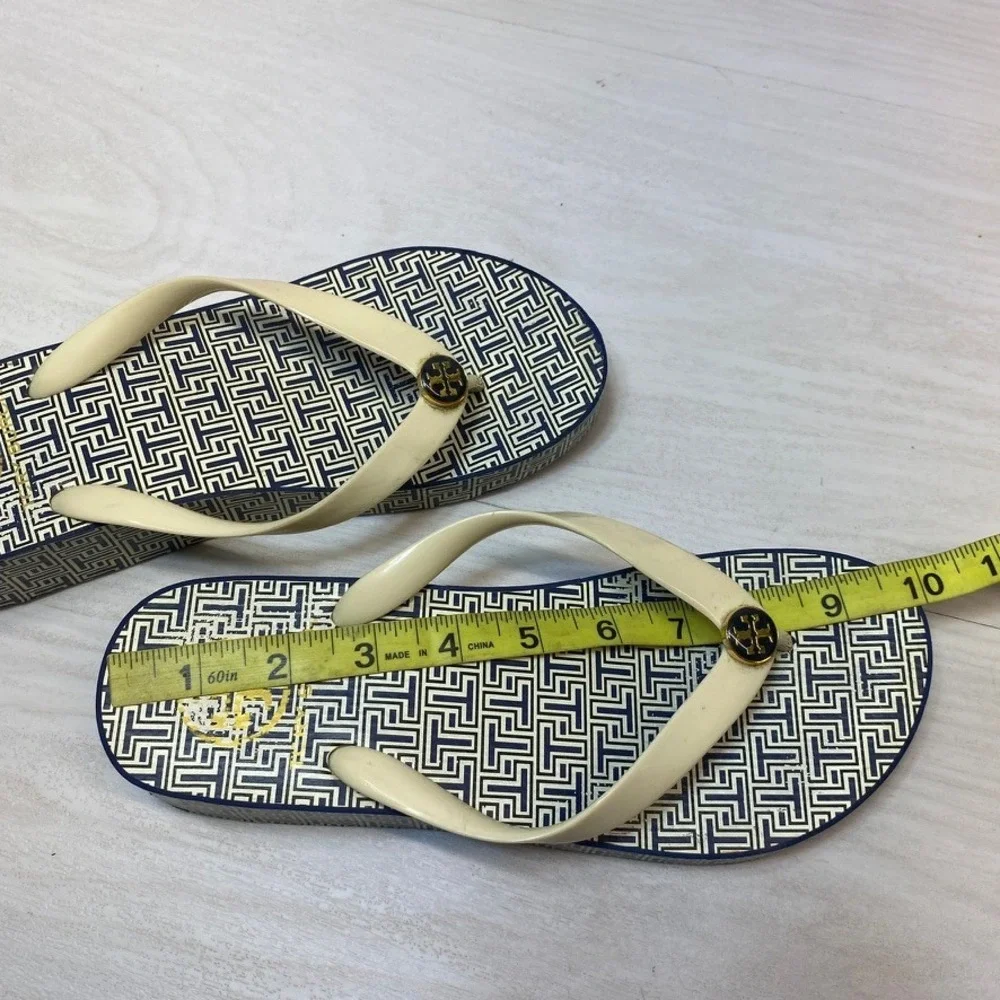 Tory Burch Womens 8 Platform Flip Flops Wedge Navy Logo Rubber Sandal Beach